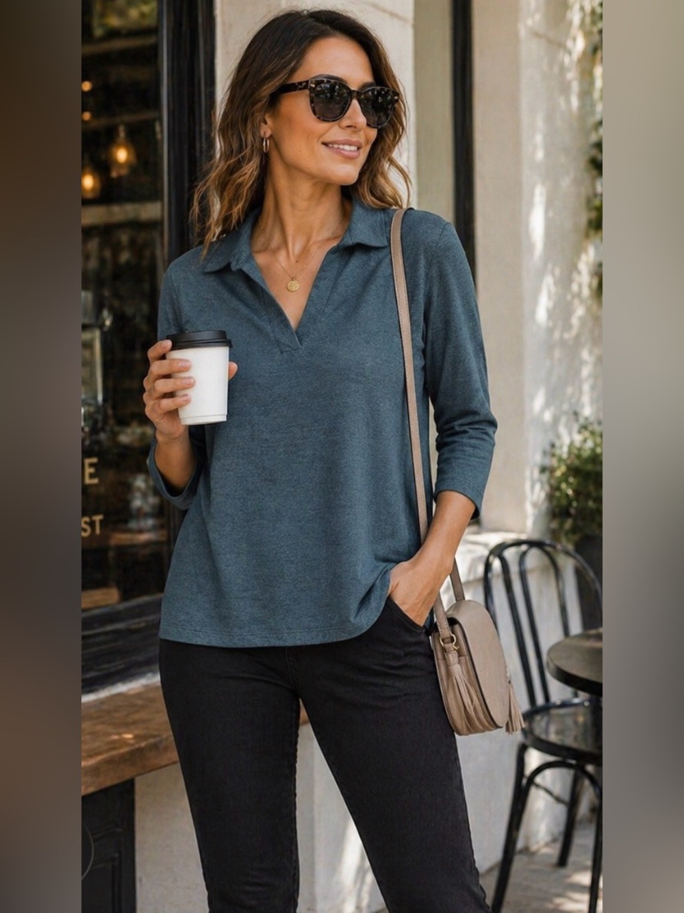 Matty M Johnny Collar Polo Top Small Teal Soft Stretch 3/4 Sleeve Athleisure NWT